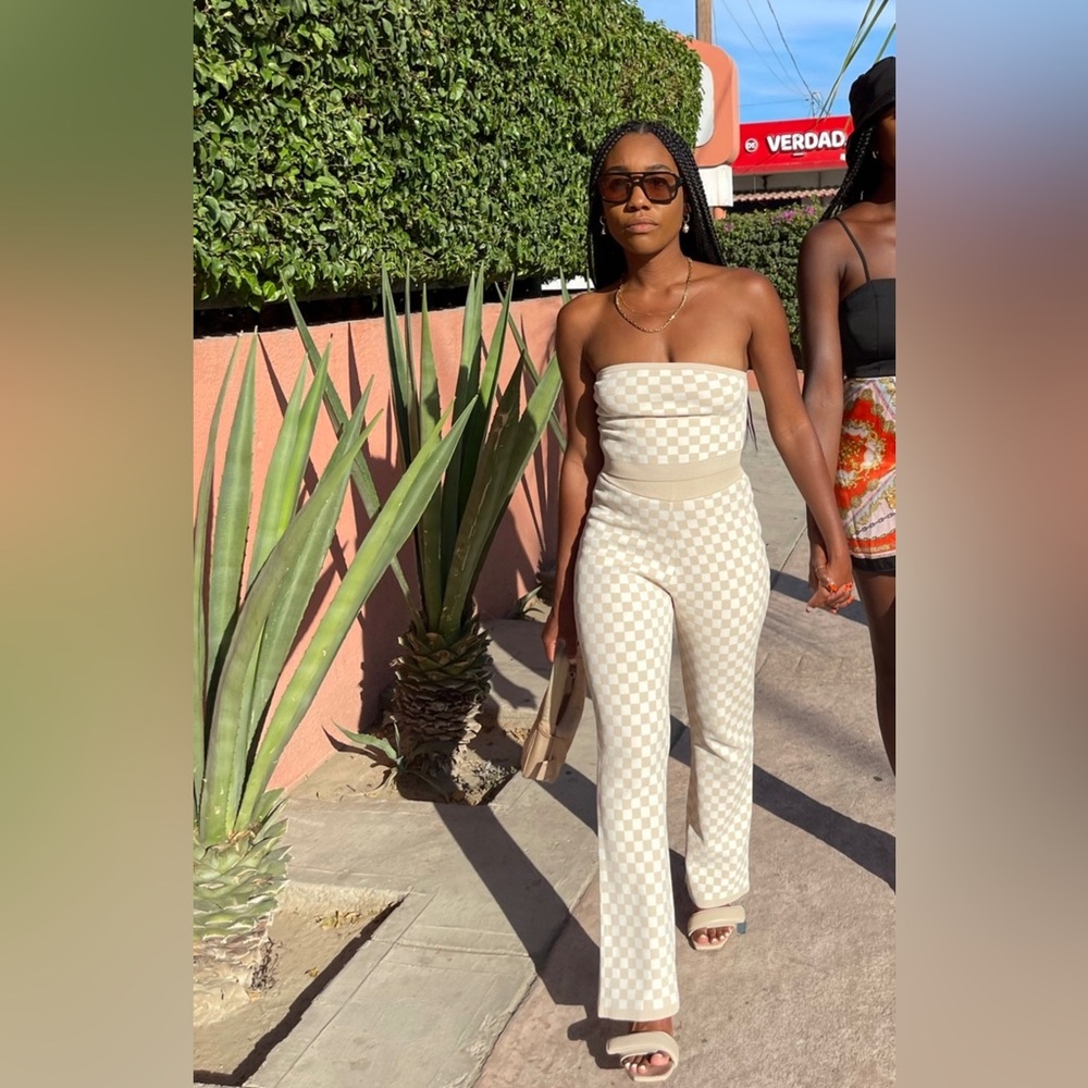 Cream checkered 2 piece pant set